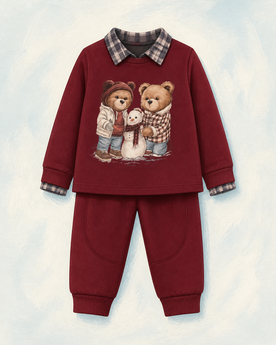 Ilustração de conjunto infantil bordô com estampa de ursinhos